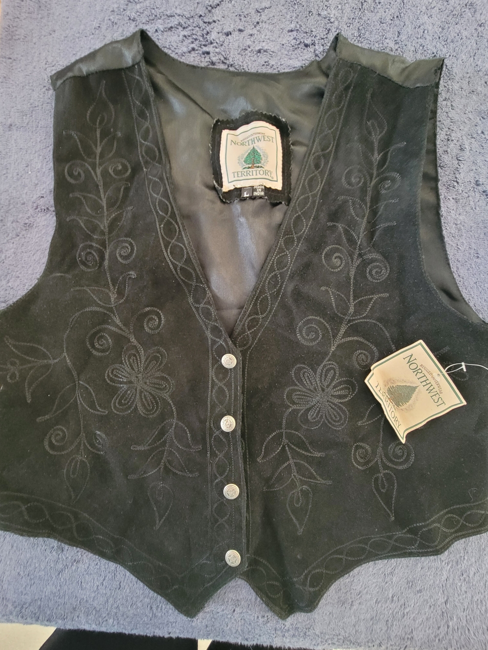 Northwest Territory Women's Black Suede Embroidered Button-Front Vest